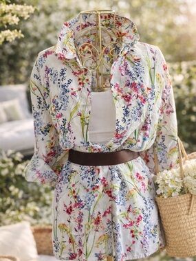 Floral Linen Button Down Blouse Boho Lightweight Chic Top